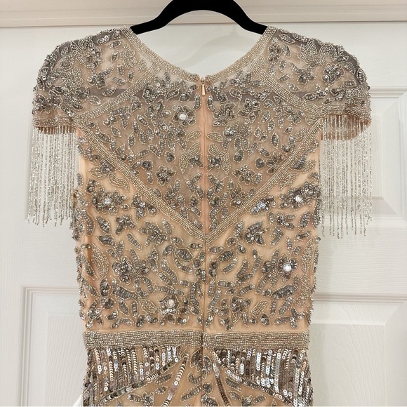 Mac Duggal 4715 Military Style Beaded sequin Fringe Sheath Gown Platinum - Picture 14 of 15